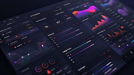 The image is a dark-themed dashboard with various graphs, charts, and data visualizations. The overall aesthetic is modern and futuristic.