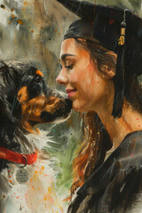 Emotional watercolor painting of a graduate woman with her dog, perfect for graduation season or pet lovers. Graduation time in educational institutions.