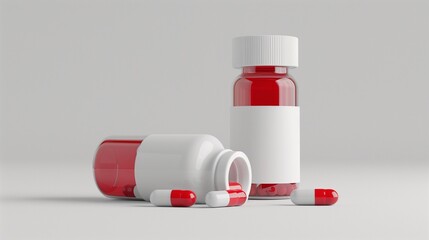 Red and white antibiotics capsule and bottle on white