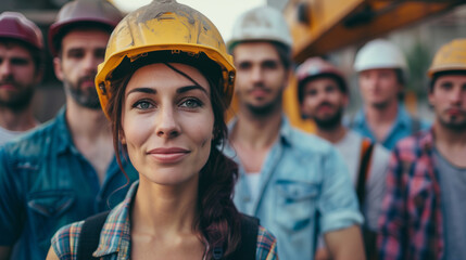 woman engineer in a yellow helmet at building site looking at camera. Successful architect and her team