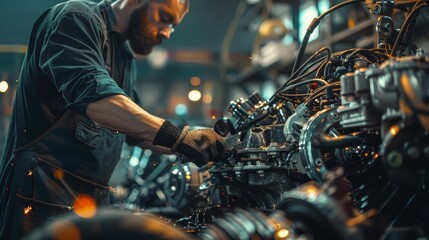 A mechanic in a blue jumpsuit works on a car engine.