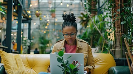Web developer coding on a laptop in a tech hub