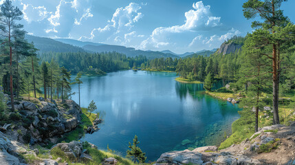 Fototapeta na wymiar Beautiful lake in the forest, nature landscape with blue sky and clouds. Created with Ai