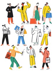 Individuals carrying bags, symbolizing travel, shopping, or daily routines, show varied emotions through their gestures and postures, adding life to scenes