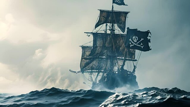 Pirate ship on a voyage across the ocean, flag signaling its ominous intent, in a timeless maritime setting