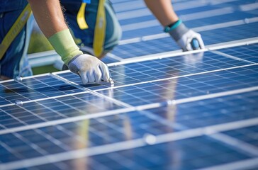 A worker Installing Solar panels on the Roof of an building, clean energy system for sustainable power, Generative AI Technology