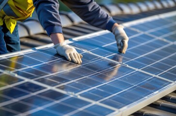 A worker Installing Solar panels on the Roof of an building, clean energy system for sustainable power, Generative AI Technology