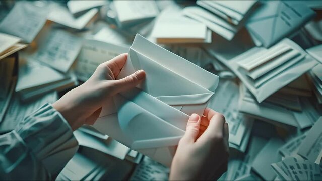 AI hand methodically organizing letters, top view, envelope sorting innovation