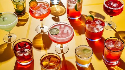 Alcoholic cocktails with ice cubes and lime slices on yellow background - obrazy, fototapety, plakaty