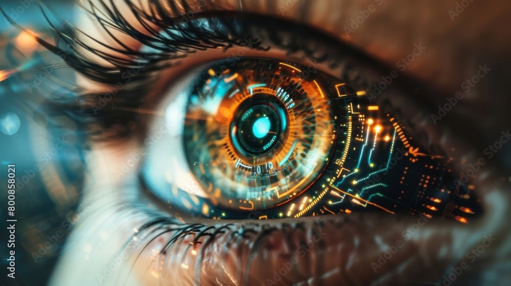 Poster a closeup of a persons eye with a small intricate neural implant visible allowing them to perceive v