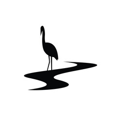 Obraz premium Black and white silhouette of heron bird on a creek stream