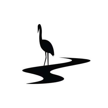 recommend clip art: Black and white silhouette of heron bird on a creek stream