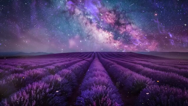 amazing nature scene with lavender flower blooming fields in endless rows under the milky way. seamless looping overlay 4k virtual video animation background