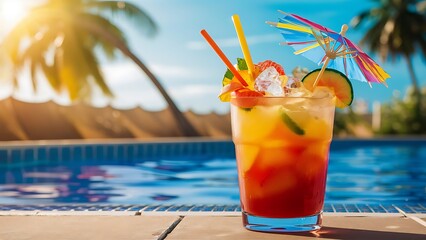 Obraz premium Summer cocktail on pool background illustration