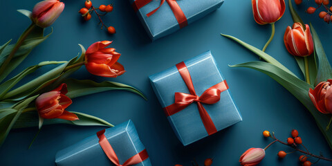 Three blue gift boxes with red ribbons among tulips and berries on a dark background. Elegant holiday or celebration theme.