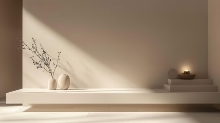 Create a 3D rendering of a minimalist room with a vase and a candle on a floating shelf