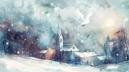 A gentle and luminous watercolor painting depicting a Christmas dove hovering over a snowy village with a church on a snowy evening. The painting is presented in a rectangular layout