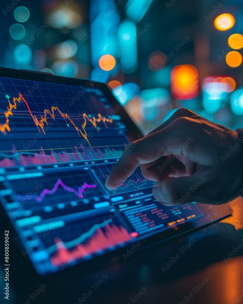 Poster man using tablet with stock market graph on background. generative ai.