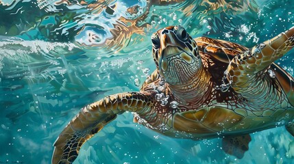 Fototapeta premium An oil painting in a realism style depicting a colorful, detailed brown turtle swimming in the ocean. The turtle is seen looking up, with water splashing around its head and body. 