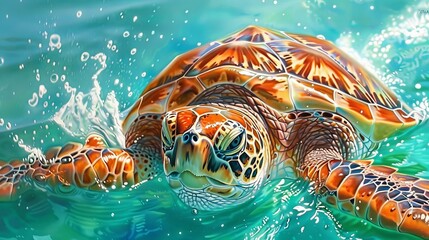 An oil painting in a realism style depicting a colorful, detailed brown turtle swimming in the ocean. The turtle is seen looking up, with water splashing around its head and body. 