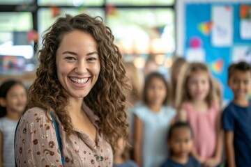 A smiling woman in front of a classroom of children. Generative AI.