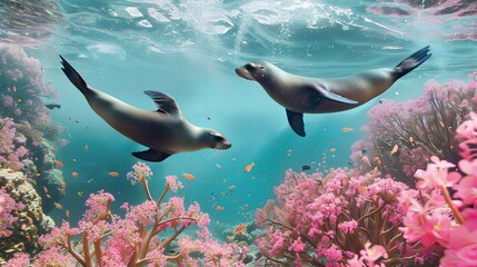 Obraz premium An outdoor photo of the underwater landscape, with a turquoise blue sea bed. Two sea lions are seen dancing amidst pink flowered corals.