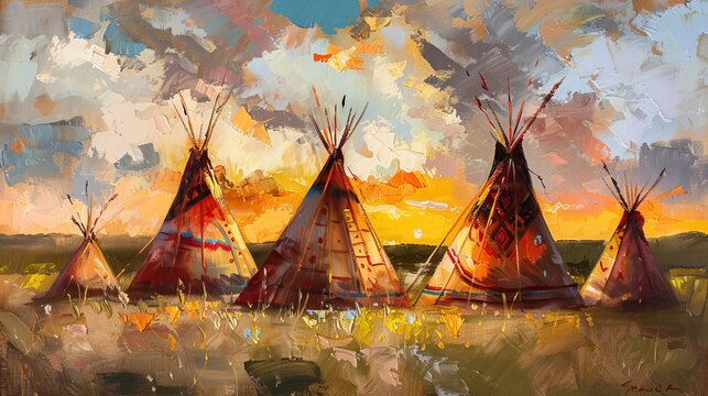 An oil painting depicting Native American tipis during the golden hour