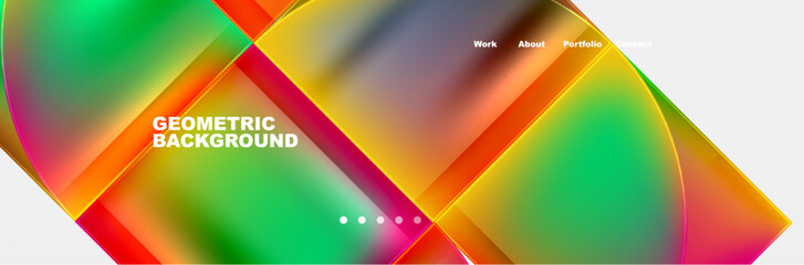 Vibrant geometric pattern with squares in electric blue, magenta, and orange on a white background. The artful design features rectangles and triangles with a colorful font