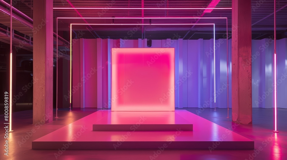Poster create a 3d rendering of a stage with a glowing pink square in the center. the stage is lit by pink 