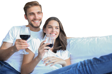 Young loving couple drinking a glass of red wine on a transparent background