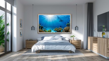 Bedroom haven with ocean wallpaper, light rays - serene and stylish decor.