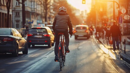 A cyclist rides his bicycle down a city street, with cars and people walking on either side at sunset.