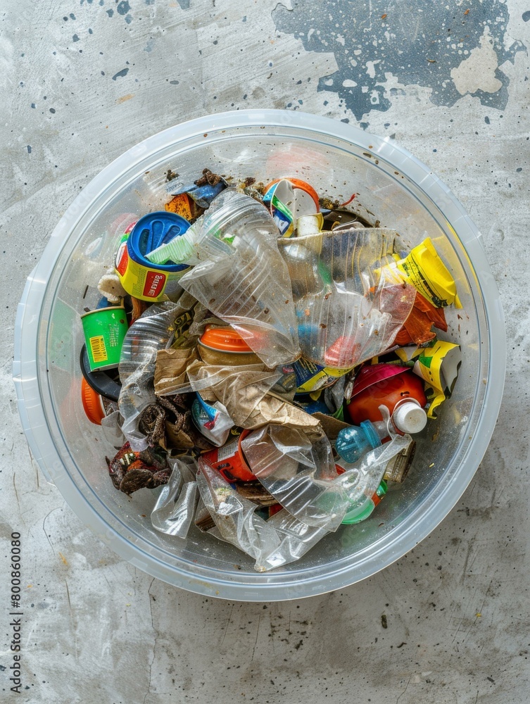 Poster a plastic container filled with trash and other items on a concrete floor. generative ai.