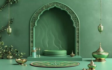 Realistic 3d Islamic celebration with Arabic ornament and product podium. Ramadan Kareem illustration for advertising, sales, online shopping, and marketing in beautiful green background design
