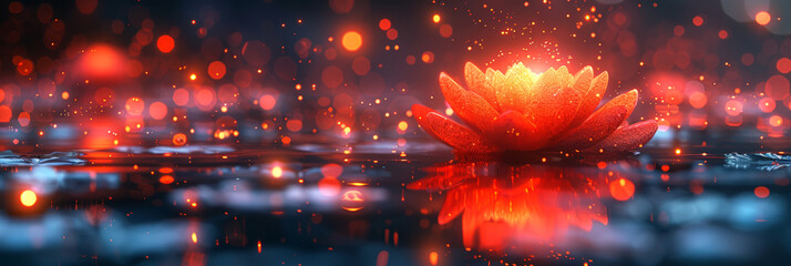 Illuminated red lotus flower on water with bokeh lights, perfect for backgrounds. Vesak Day greeting card.