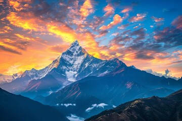 A beautiful landscape of a snow-capped mountain peak at sunset. The sky is a vibrant orange and yellow, with clouds dotting the sky. The mountain is covered in snow.