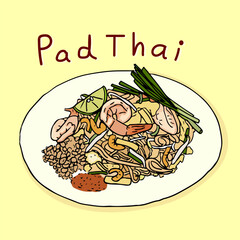 Thai food Pad thai, Stir fries noodles with shrimp. Hand drawn style vector illustration