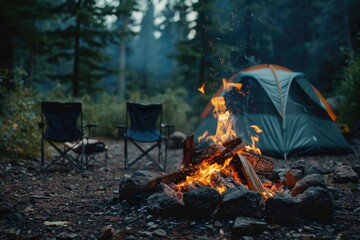 Beautiful bonfire with burning firewood near chairs and camping tent in forest. Campfire by a chairs and a tent