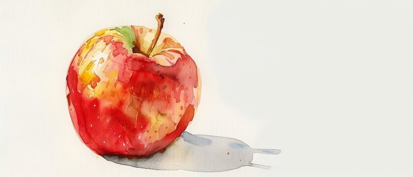 A watercolor painting of a red apple on a white background. The apple is slightly tilted to the left and there is a small shadow underneath it.