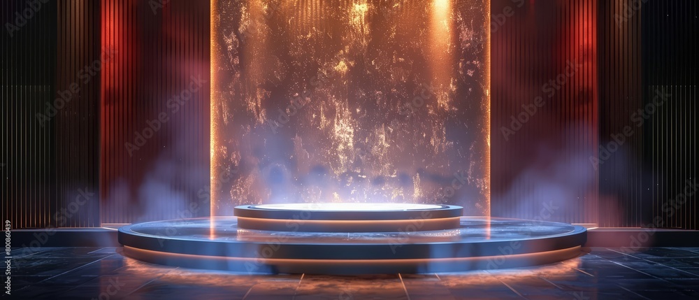 Poster Create a 3D rendering of a futuristic stage with a glowing portal in the background