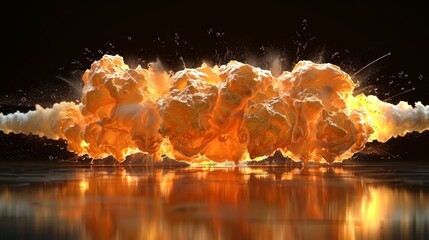   A scene featuring numerous orange and white fireballs atop a water body, reflected in the mirror-like surface - obrazy, fototapety, plakaty