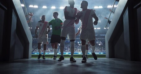 Soccer Stadium Tunnel: Group of Athletic European Football Players Exiting the Field After a Championship Match. Excited Crowd of Spectators Cheering for Their Favorite Football Club