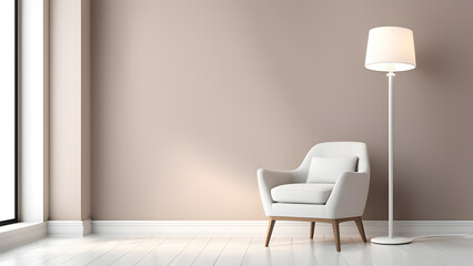 A white chair is sitting in front of a white wall