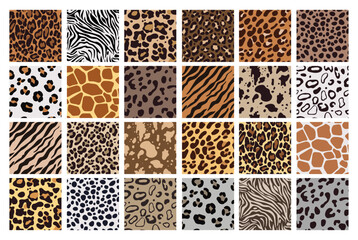 Fototapeta premium Animal print. Safari patterns, tiger skin texture. Wild giraffe, leopard zebra or jaguar fur, zoo stripes. Natural colors textile, wrapping paper, wallpaper. Print for fabric. Vector background
