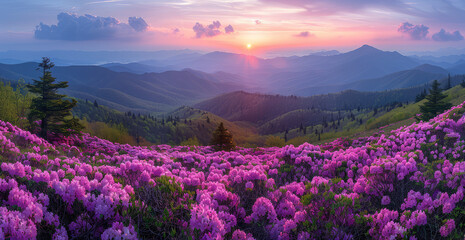 A large field of purple rhodendron blossoms in the Carpathian Mountains at sunrise. Created with Ai