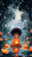 Child meditating among lotus flowers with magical lights, perfect for mindfulness and peace. Vesak Day greeting card.