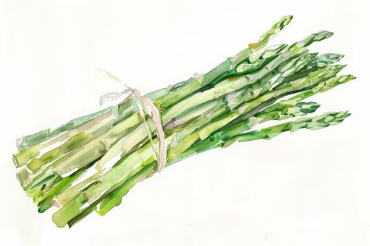 A watercolor painting of a bunch of asparagus. The asparagus is green and fresh-looking. It is tied together with a brown string. The background is white.