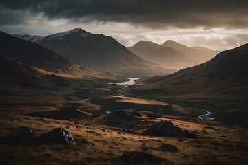 Orange mountains above the lake, sunrise in the mountains, orange dusty mountains, beautiful lake among the mountains, mountain in tha background