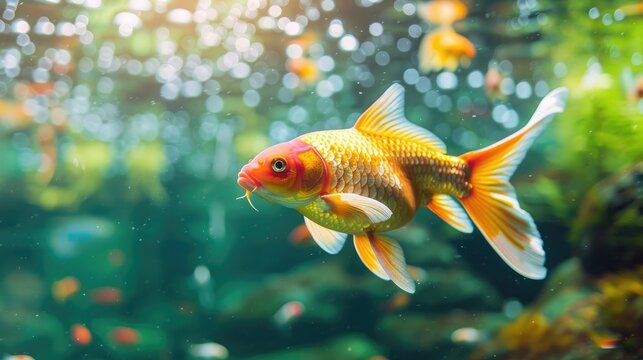 Golden fish swimming in a clear koi pond