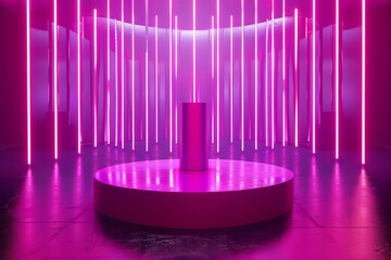 A glowing pink podium sits in the center of a large, dark room. The podium is surrounded by tall, glowing pink columns. The room is lit by a soft, pink light.